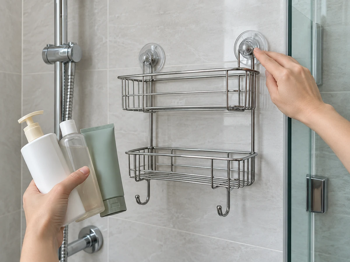 Clean Shower Caddies, Bathroom Shelves and Hooks: Clear and check fixings