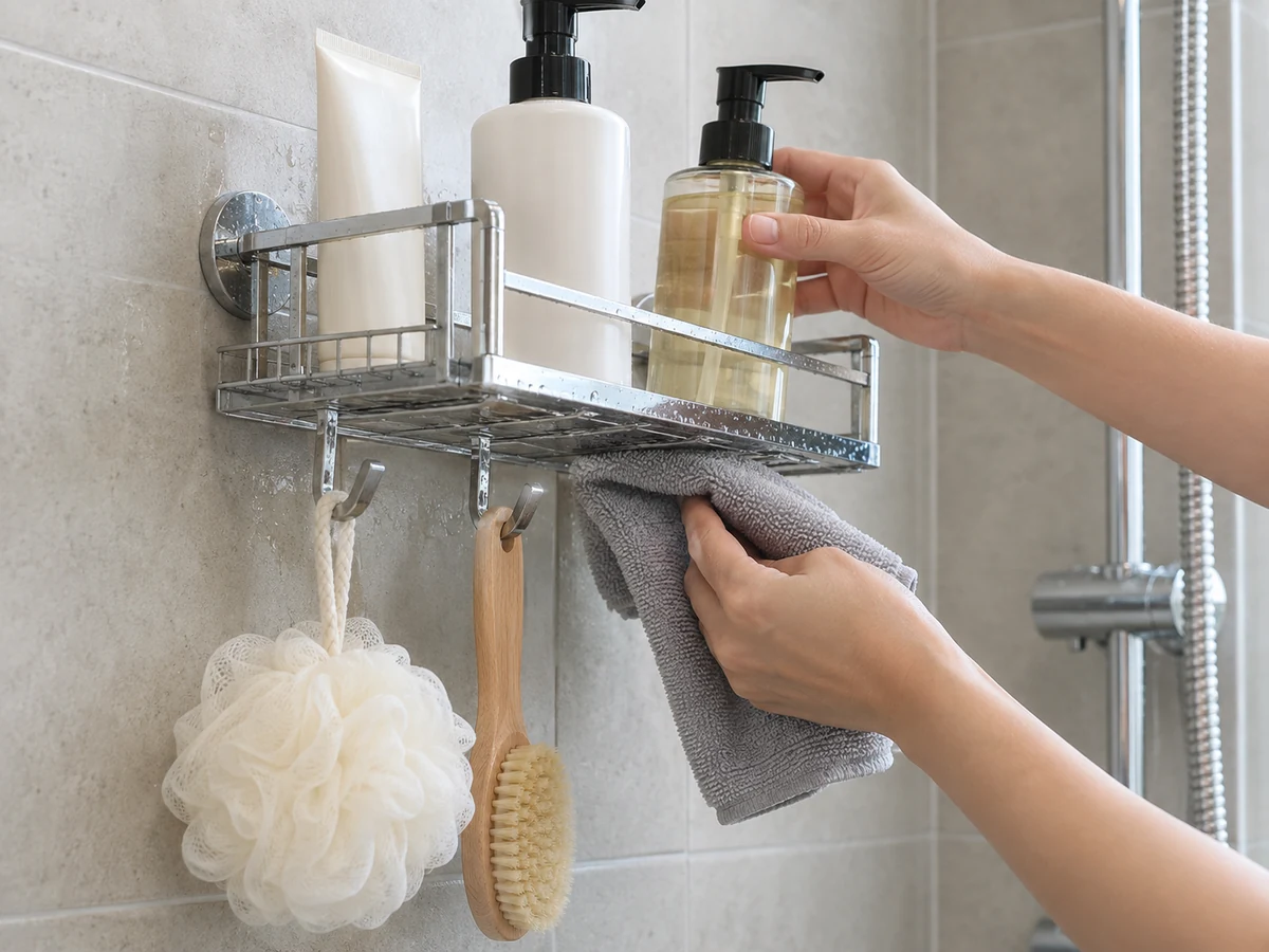 Clean Shower Caddies, Bathroom Shelves and Hooks: Dry fully and reset