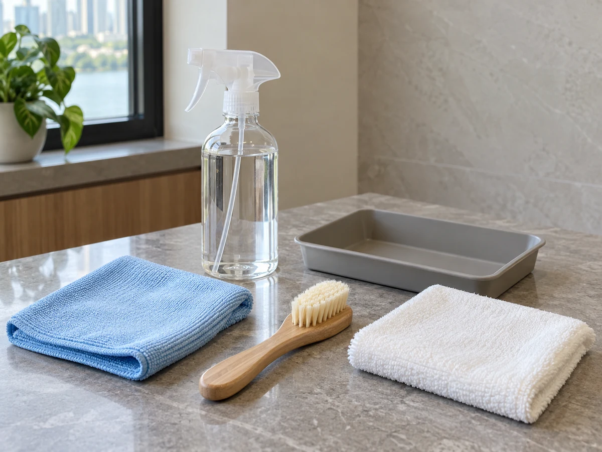 Soft cloth, soft brush, dry cloth, surface-approved cleaner and small tray
