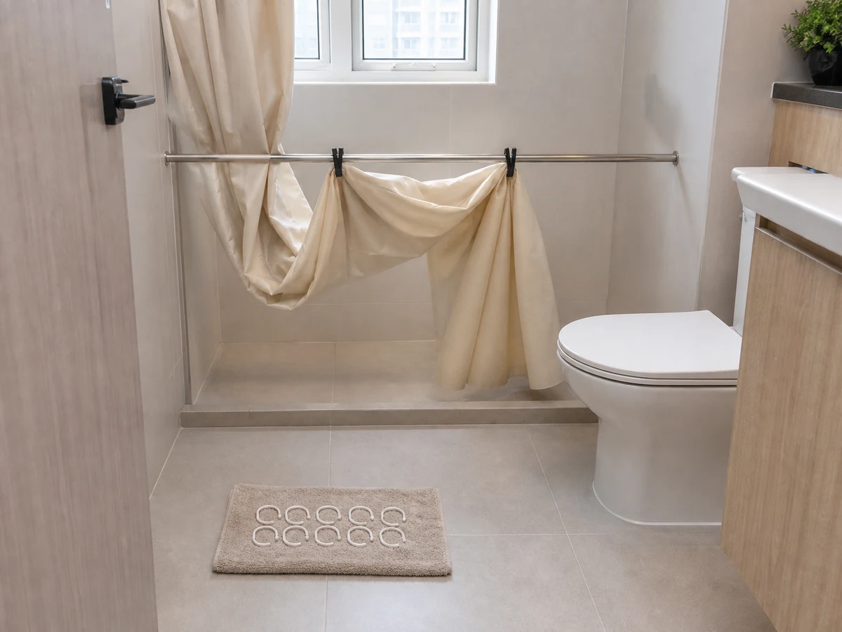 How to Clean a Shower Curtain and Curtain Seal: Dry the floor before removal