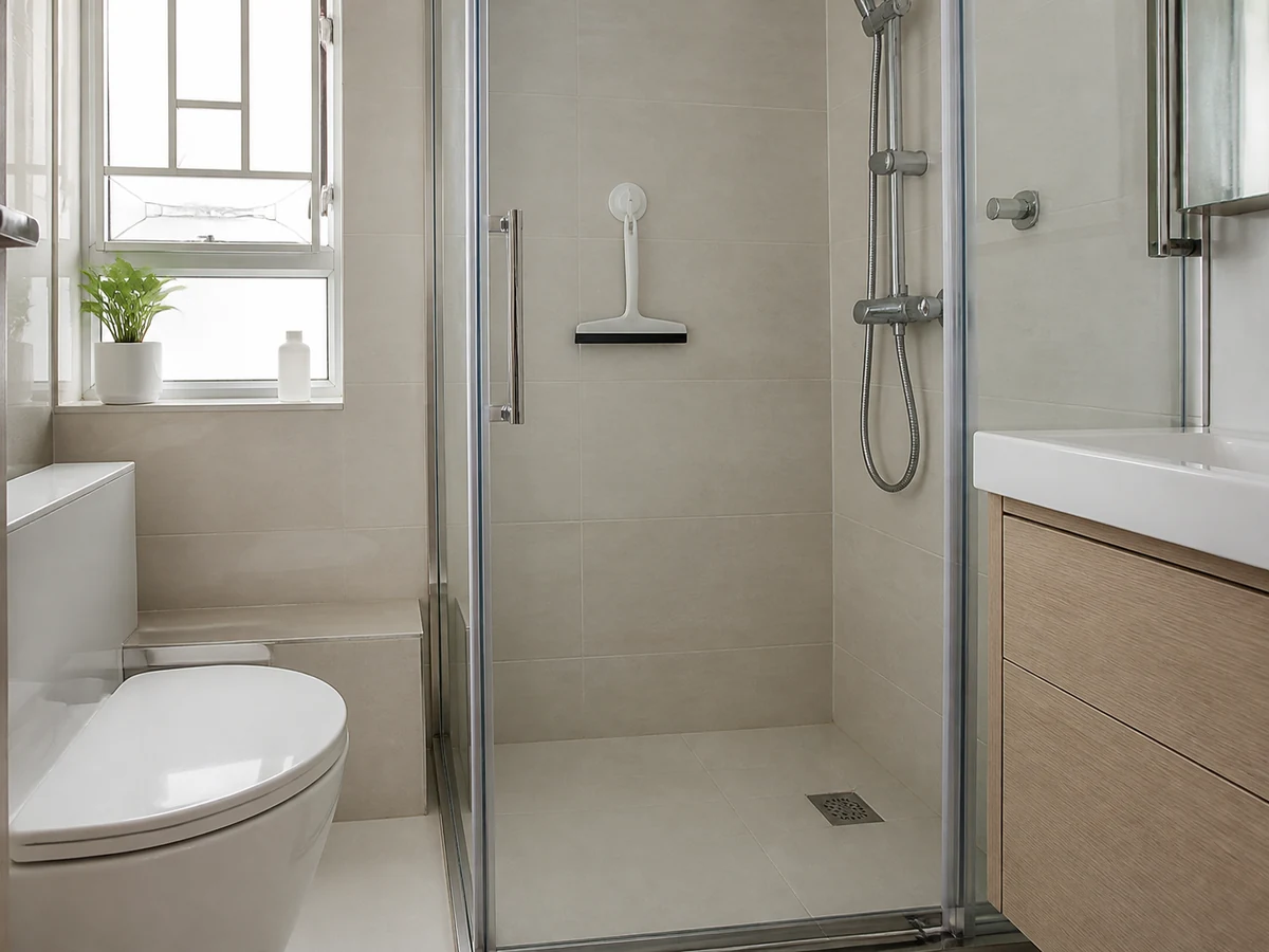 Kaca shower bening dan kering dengan squeegee tersimpan rapi