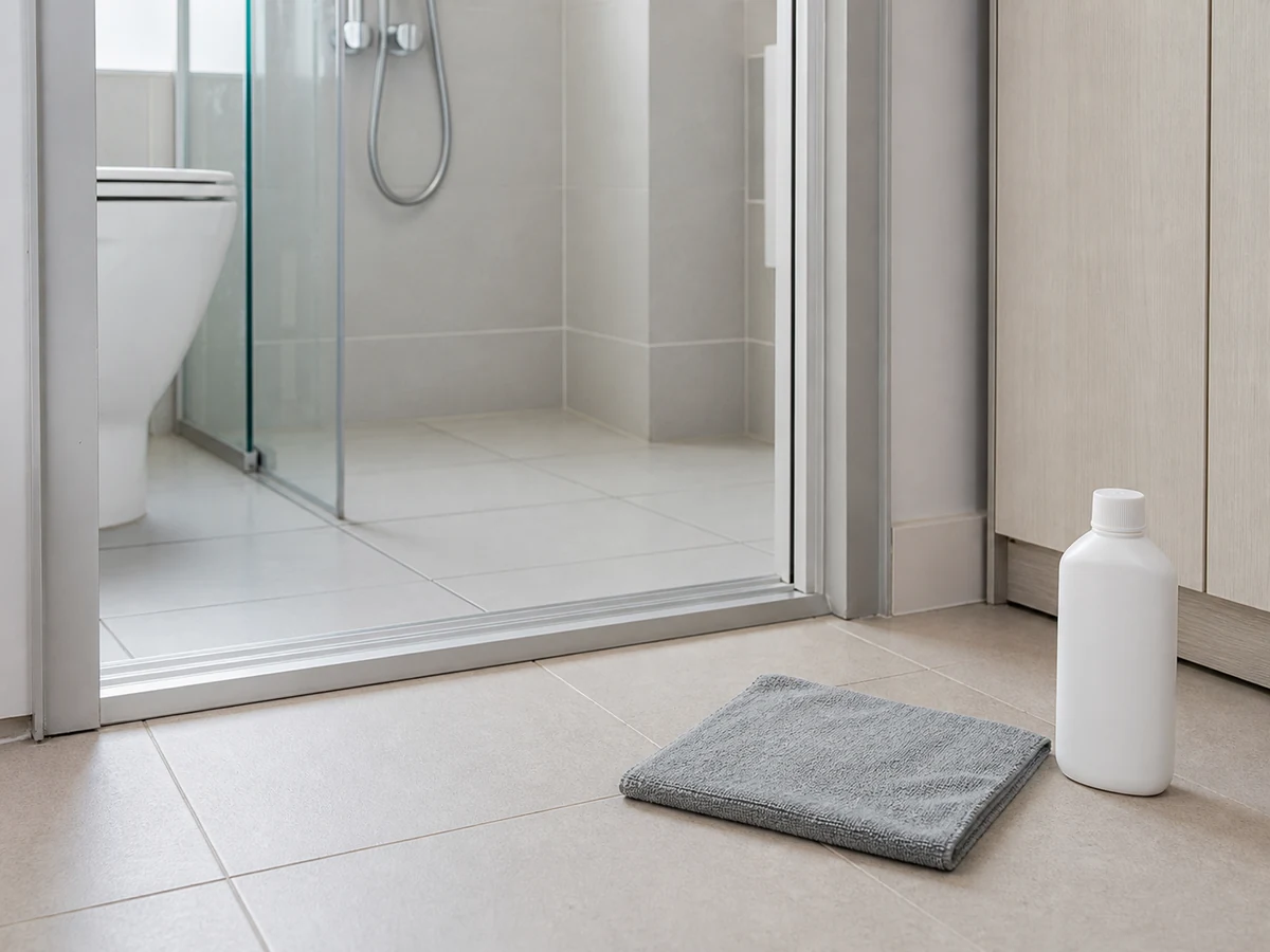 Cara Membersihkan Noda Air pada Kaca Shower: Kosongkan area dan keringkan lantai