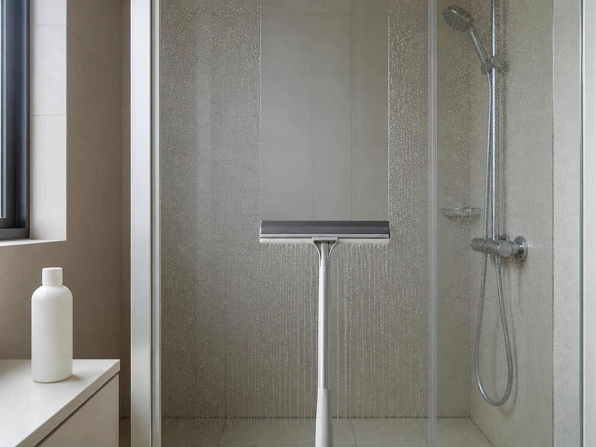 Cara Membersihkan Noda Air pada Kaca Shower: Tarik squeegee dari atas ke bawah
