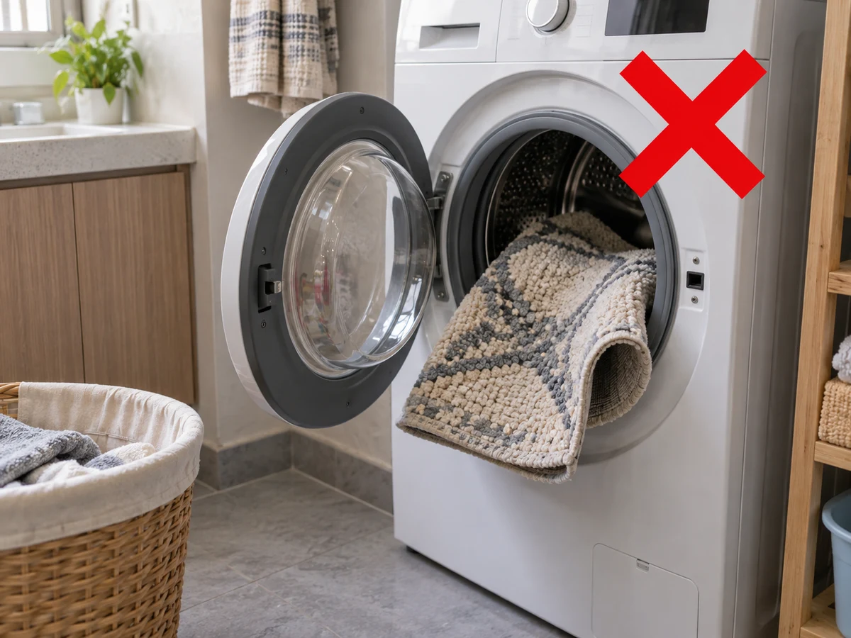 Assuming a small rug is machine-washable — Check fibre, backing and care label; handle movable small rugs only and confirm machine capacity and wash permission.