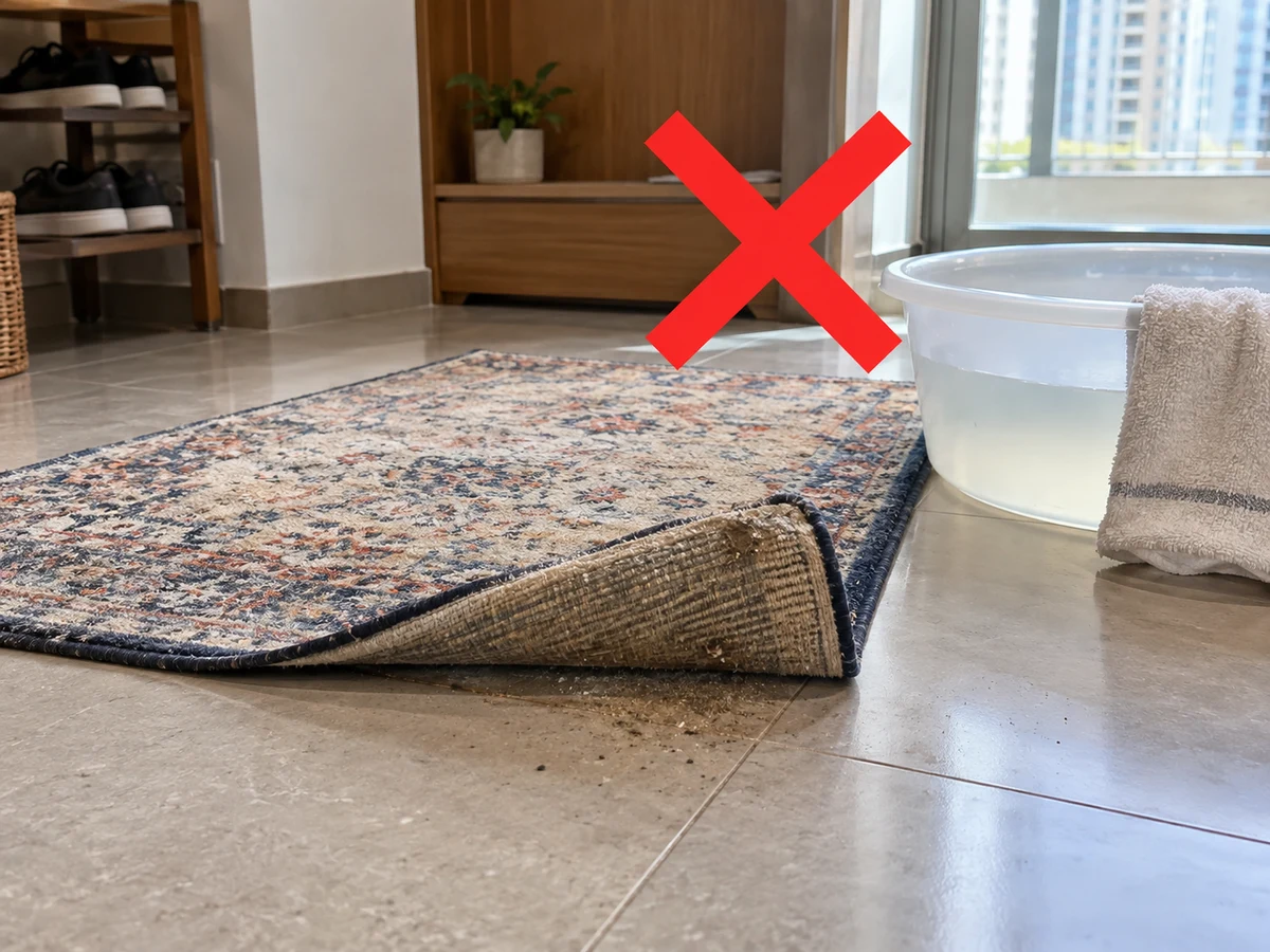 Skipping grit removal and colour testing — Vacuum hair and grit from both sides and test hidden colourfastness; stop for crumbling or cracked backing.