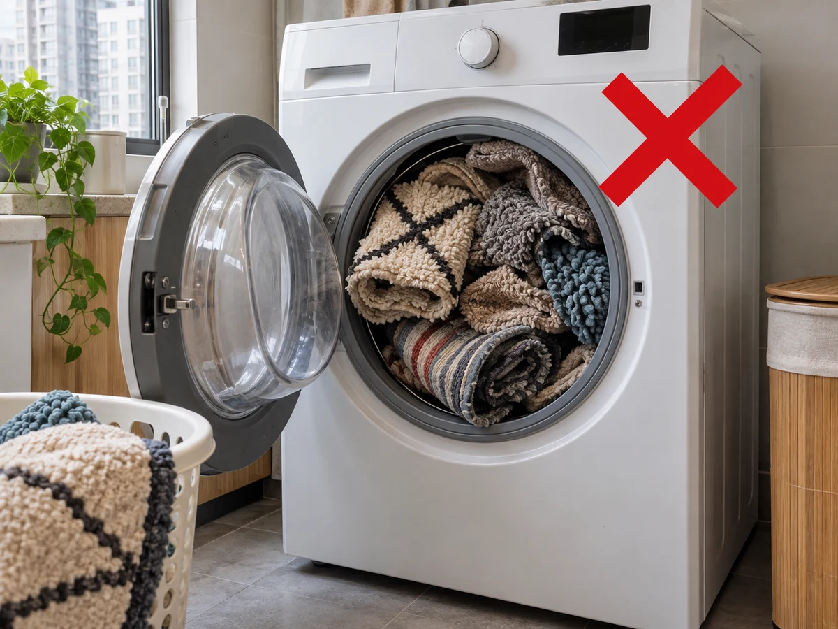 Overloading the washer or using excess heat — Select the labelled spot-cleaning or wash method and dose; do not immerse dry-clean-only or non-washable rugs.
