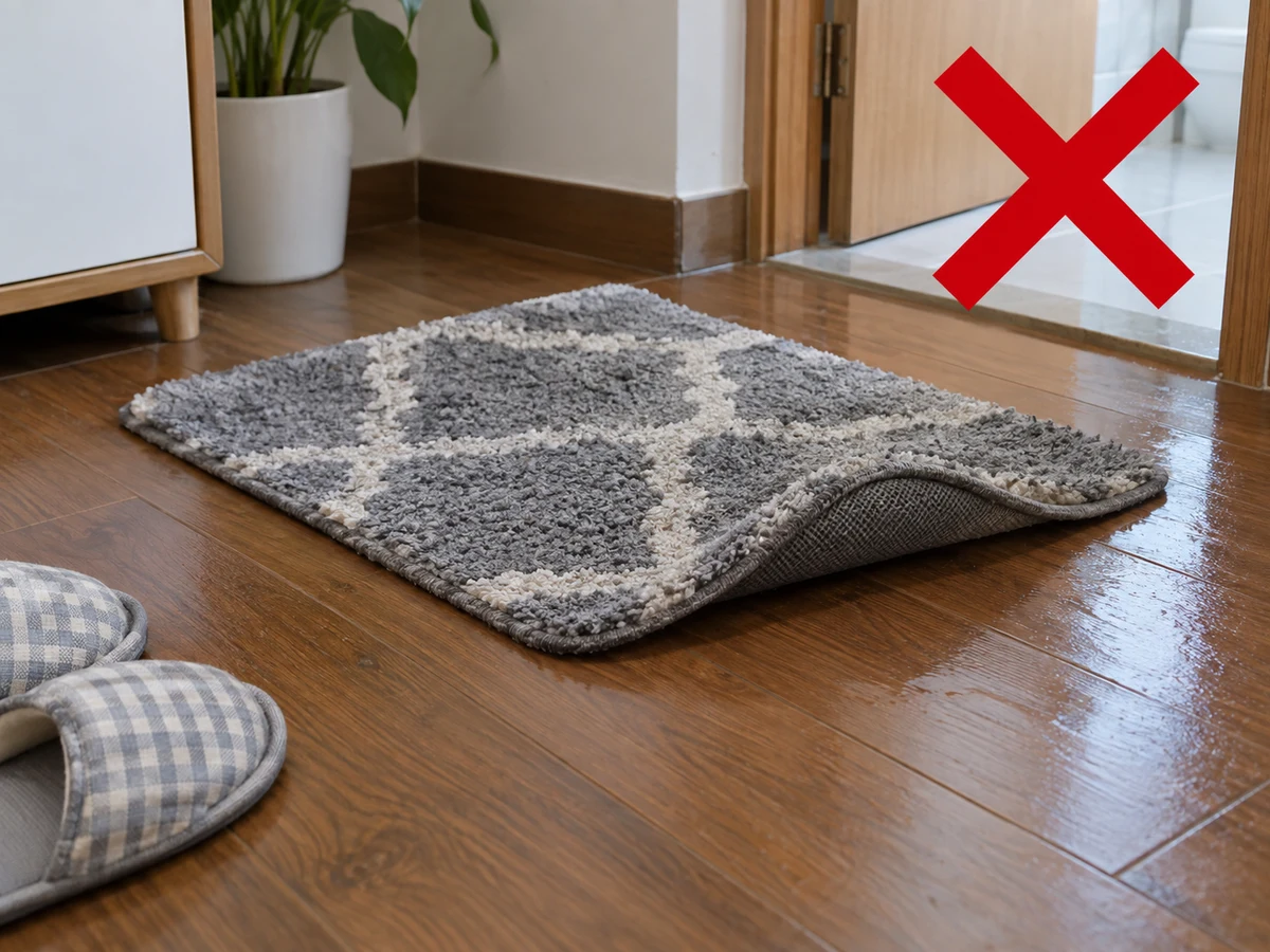 Putting a damp-backed rug on wood flooring — Dry flat or hang as directed and check the backing and binding fully dry; replace only on a dry floor with a dry non-slip underlay.