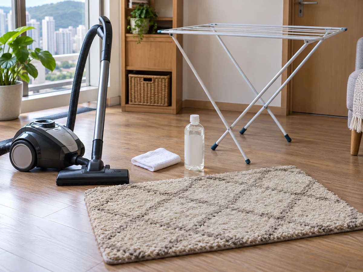 How to Clean Small Rugs by the Care Label — Vacuum cleaner, Compatible cleaner, White colour-test cloth, Flat drying rack