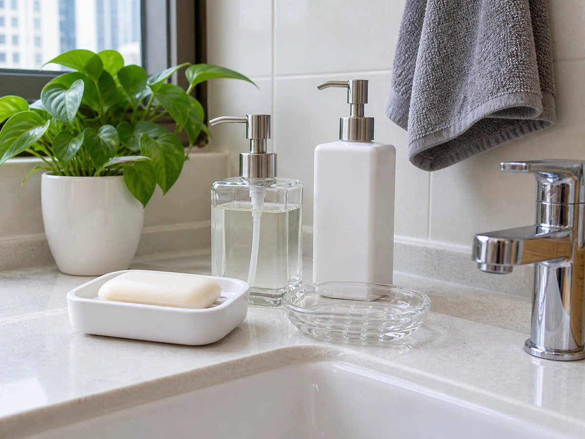 How to Clean Soap Dishes and Refillable Dispensers — Items safely arranged after cleaning with no visible soil left on the surfaces