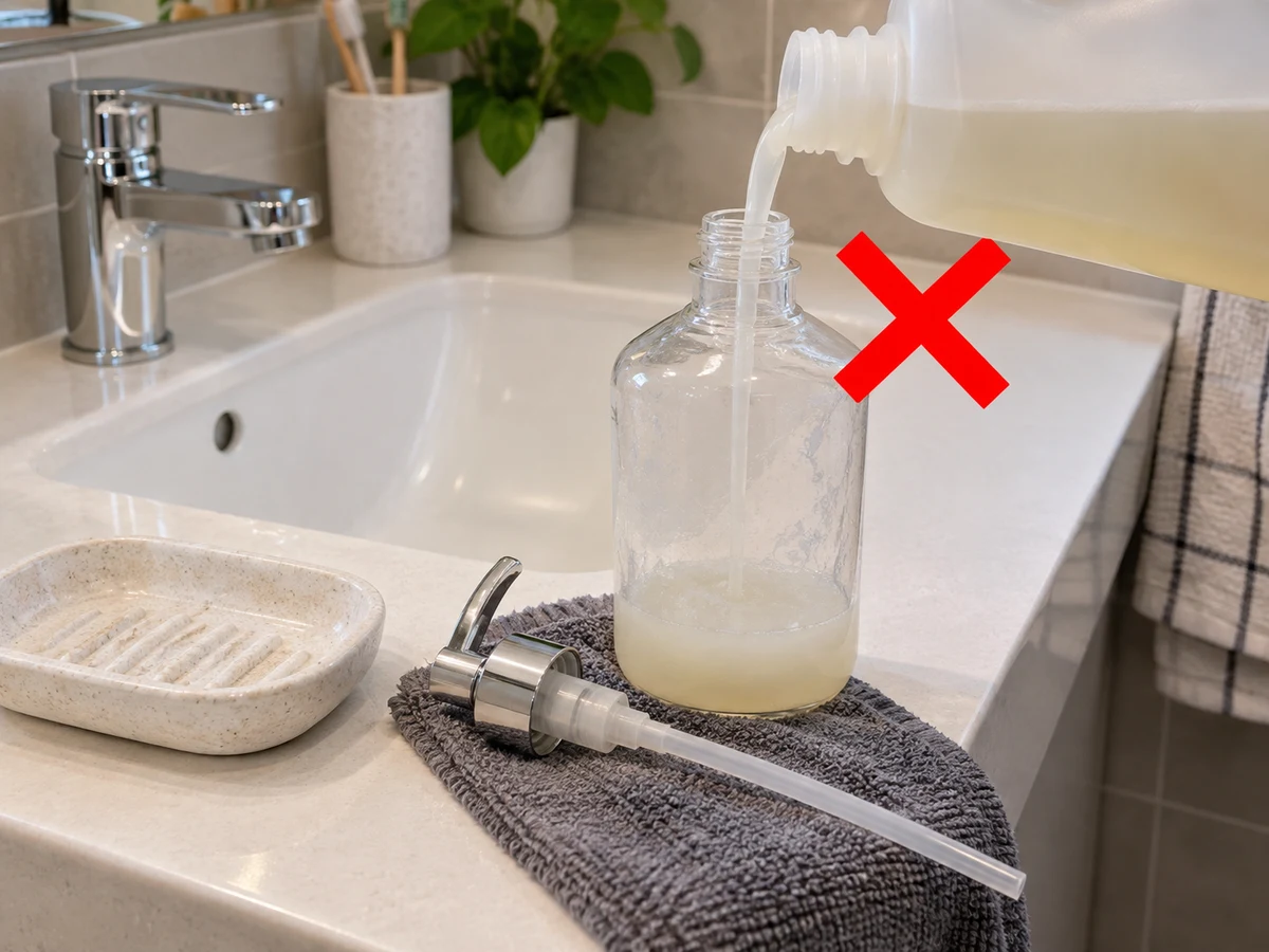 Continually topping up old soap — Remove bar soap and pooled water; empty refillable bottles as directed and identify the cleaning method for the pump and bottle.