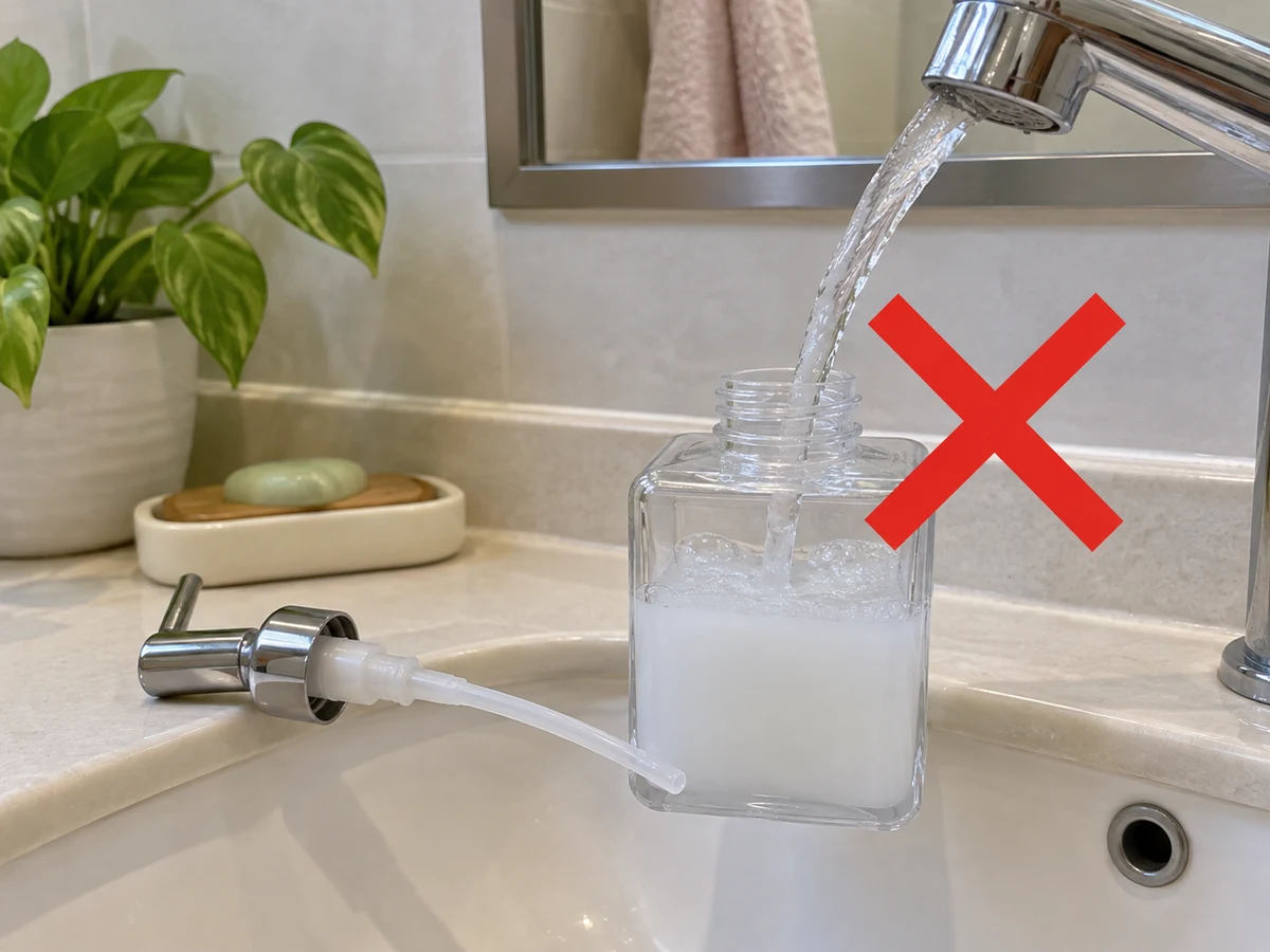 Diluting soap with water — Empty the old soap, clean, rinse and fully dry the container before adding compatible soap as directed; do not add water or mix old and new products.