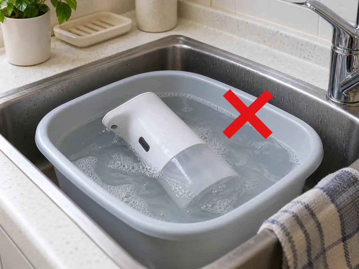 Immersing a powered pump — For powered or sensor dispensers, remove only parts the manual permits washing; keep the body, battery compartment and contacts dry and out of water.