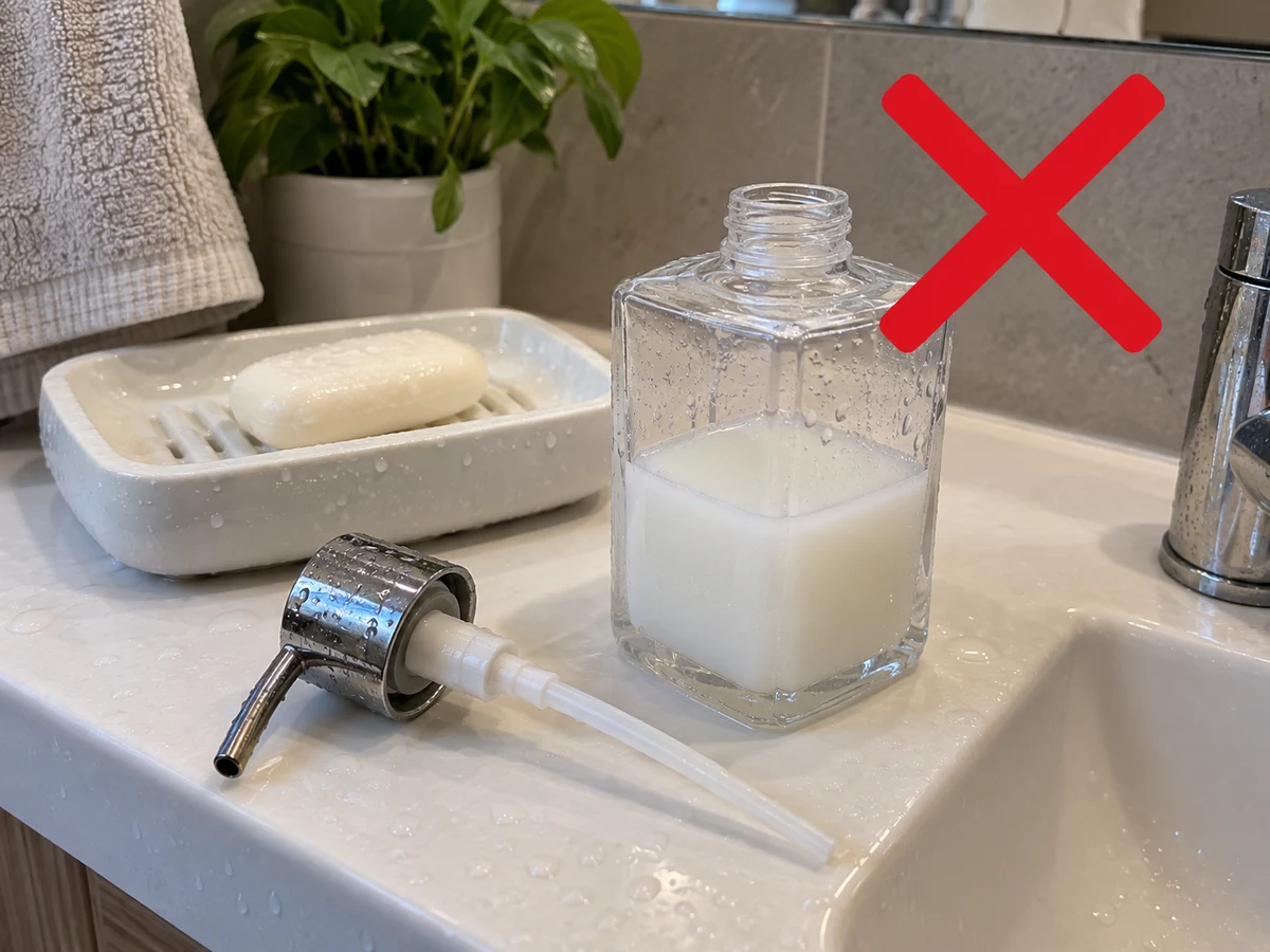 Refilling before parts are dry — Dry completely before assembly and refill only with compatible original soap; note the refill date and wipe the base and drips.