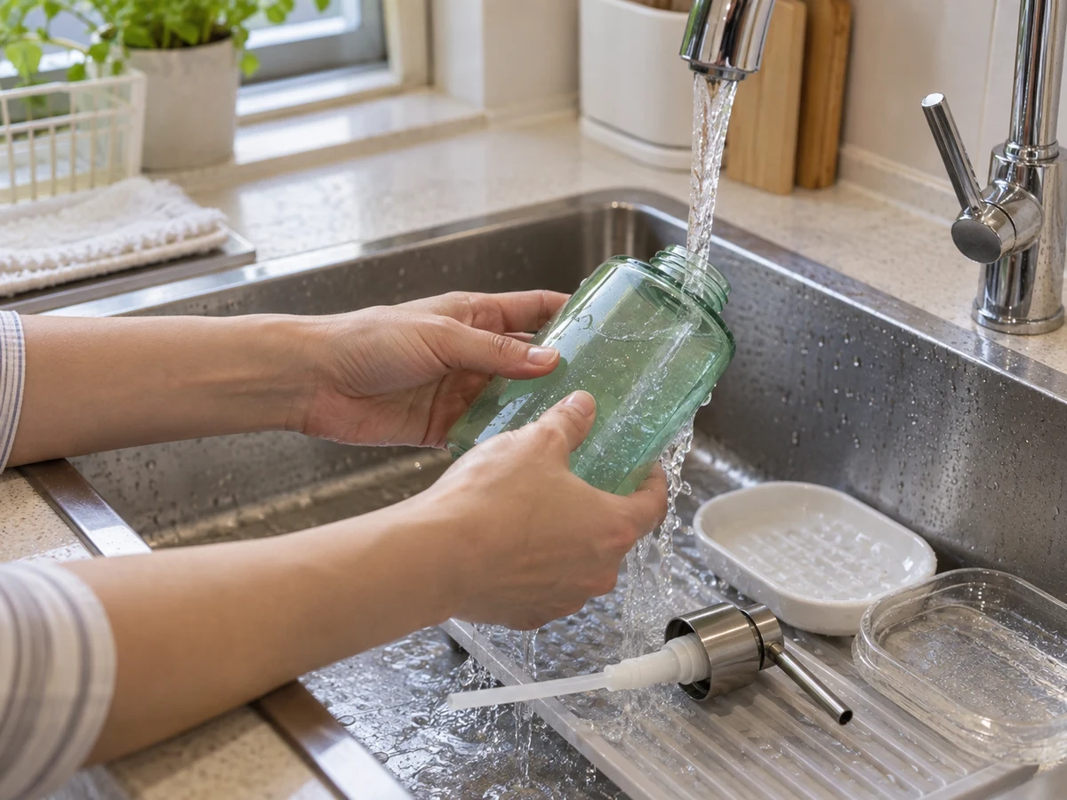 How to Clean Soap Dishes and Refillable Dispensers: Rinse washable parts