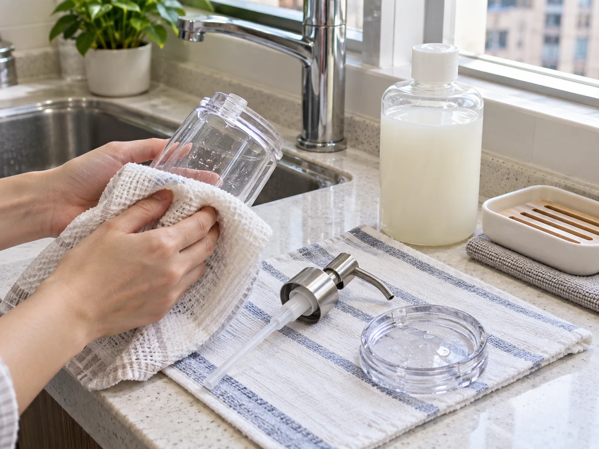 How to Clean Soap Dishes and Refillable Dispensers: Dry before refilling