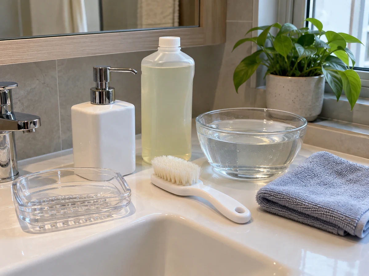 How to Clean Soap Dishes and Refillable Dispensers — Dedicated soft brush, Warm water, Clean cloth, Original labelled soap refill