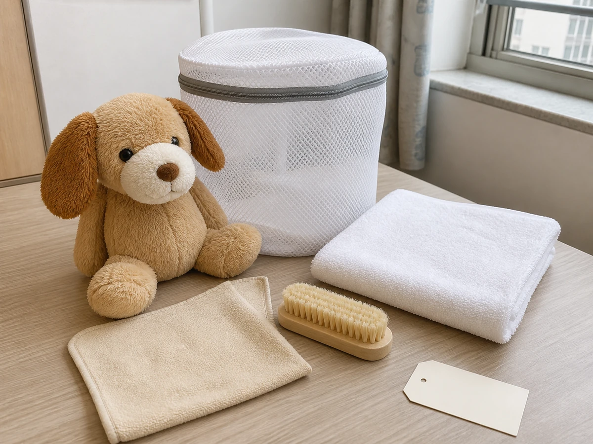 Mesh bag towel soft cloth and brush for cleaning a soft toy