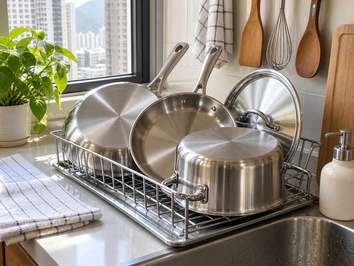 How to Clean Stainless-steel Pots and Pans — Items safely arranged after cleaning with no visible soil left on the surfaces