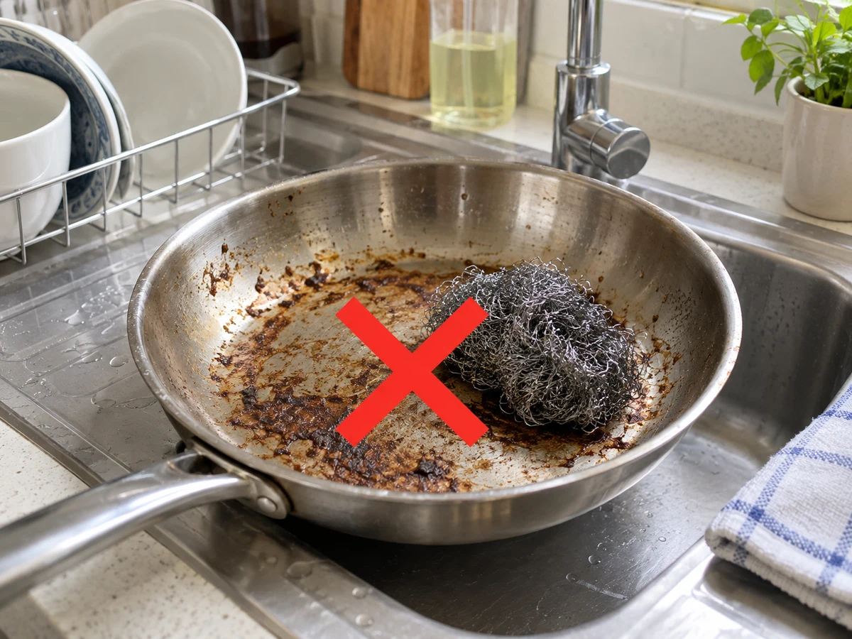 Menggosok keras dengan sabut baja — Angkat sisa makanan, tambahkan air hangat dan deterjen pada panci dingin, lalu lunakkan sisa lengket sebentar sesuai petunjuk.
