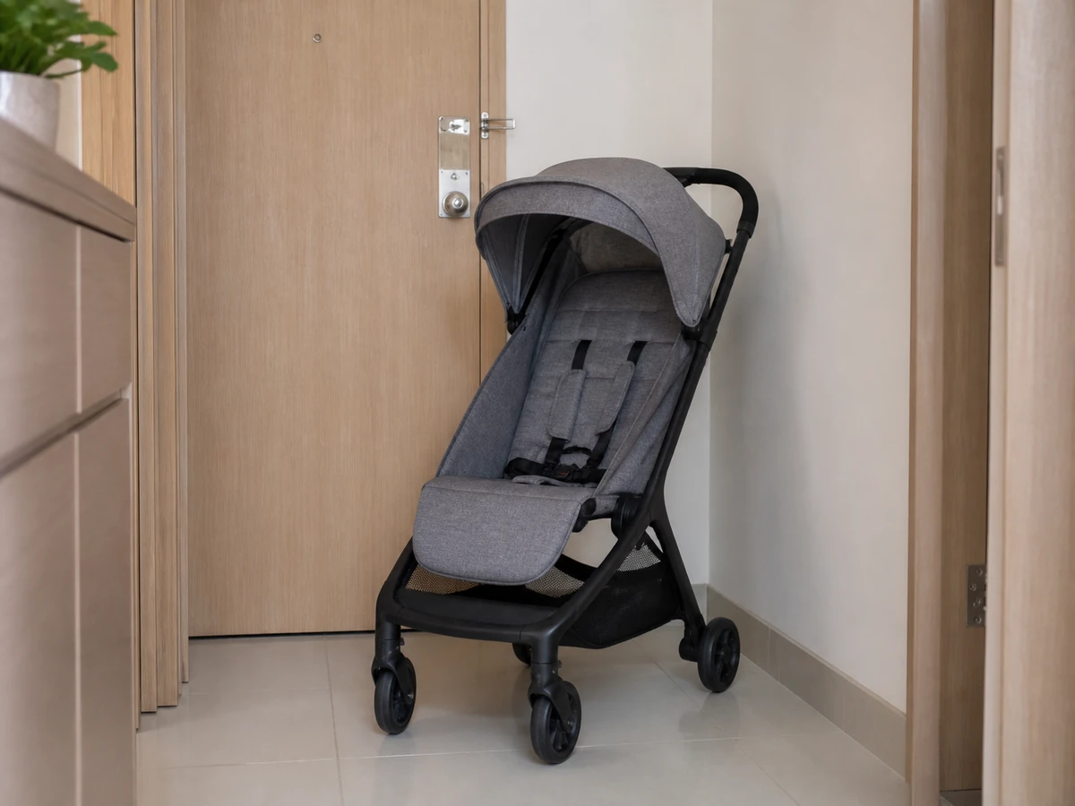 A clean intact stroller with dry fabric frame wheels and harness