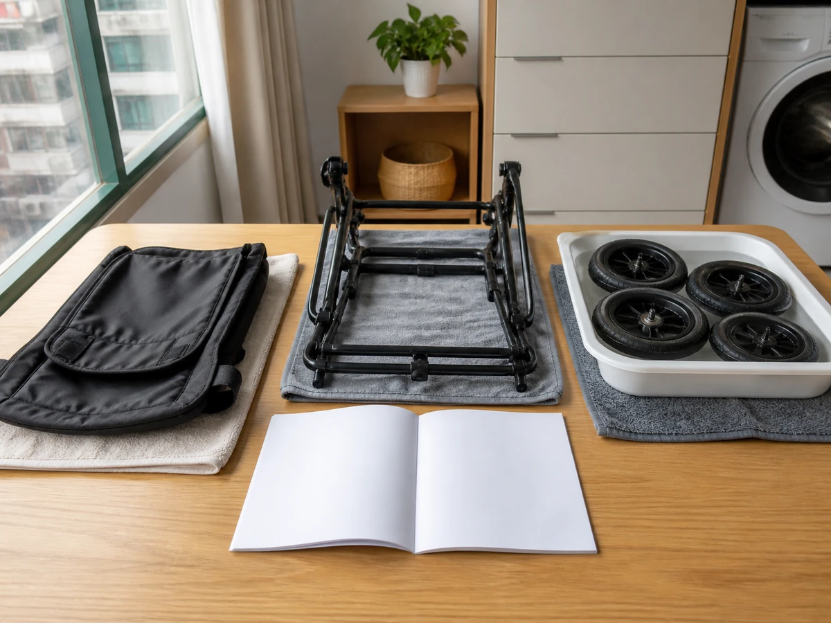 Hosing fabric frame and wheels together — Separate materials by the manual and prevent water collecting in hinges, locks and bearings.