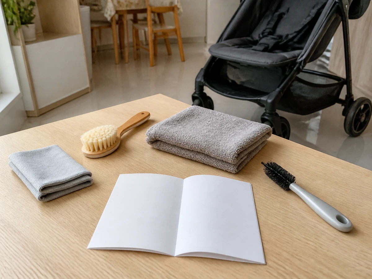 Soft cloth and brushes for stroller fabric frame and wheels
