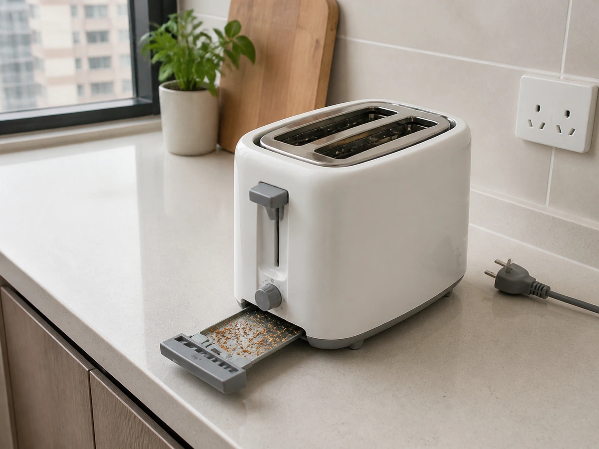 Unplugged cool and dry toaster with its crumb tray safely pulled out