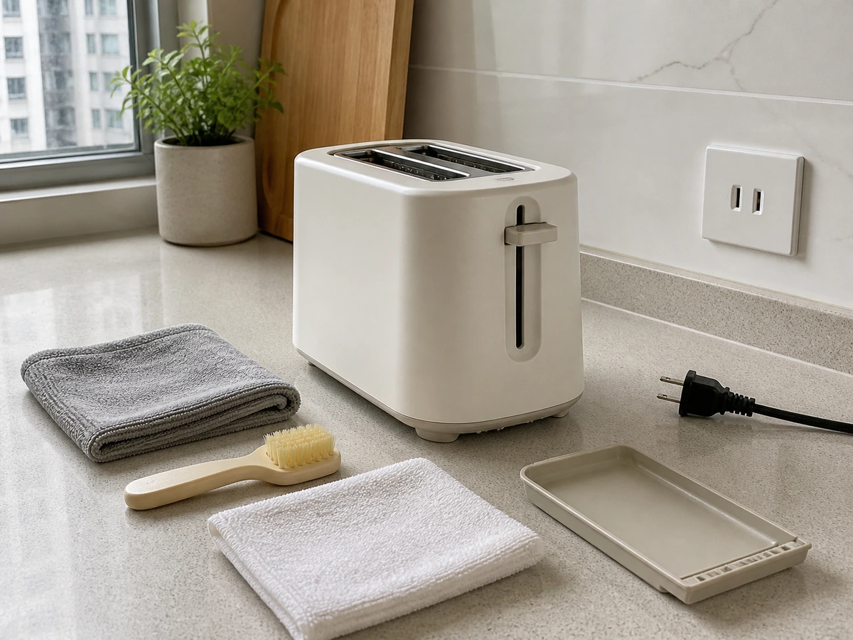 Soft cloth, small dry soft brush, dry towel, and tray for collecting crumbs