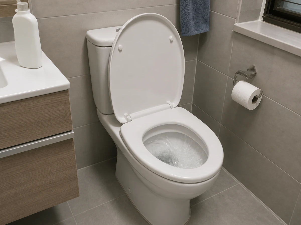 Flushing dengan tutup terbuka — Turunkan tutup dan buka setelah flushing berhenti.