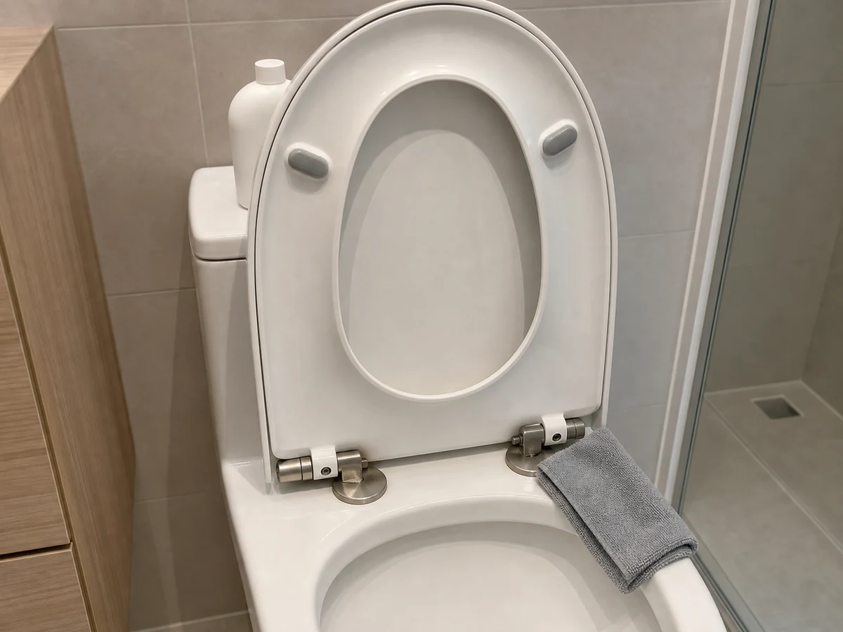Cara Membersihkan Toilet dengan Benar: Bersihkan bawah dudukan, engsel, dan tepi