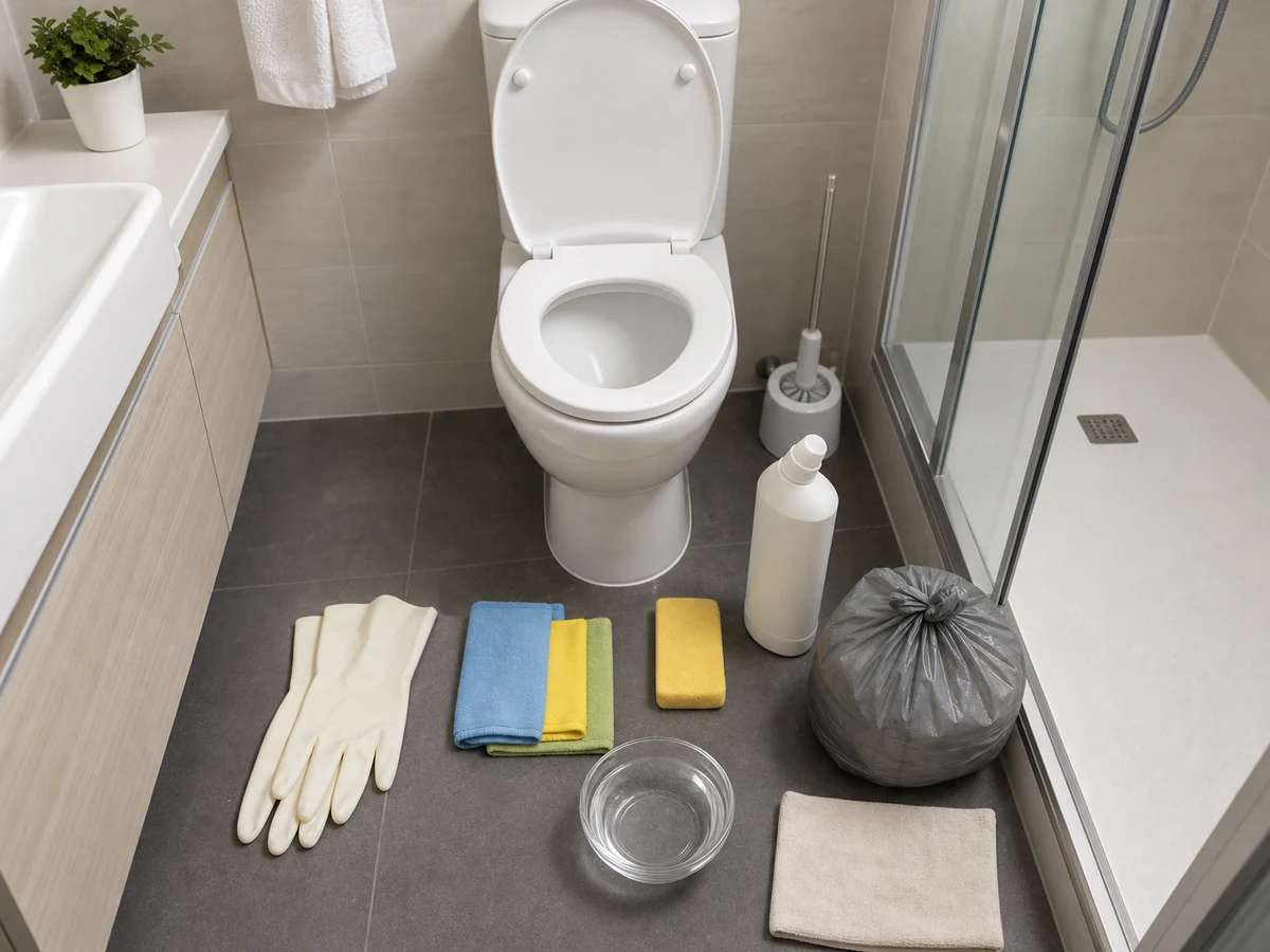 Sarung tangan khusus toilet, sikat toilet, lap, satu pembersih, dan kantong sampah