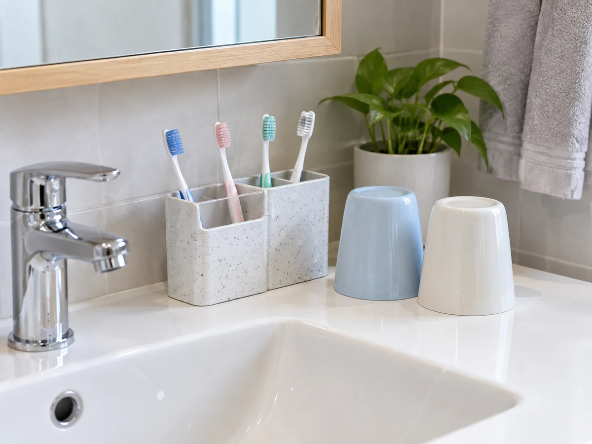 How to Clean Toothbrush Holders and Rinsing Cups — Items safely arranged after cleaning with no visible soil left on the surfaces