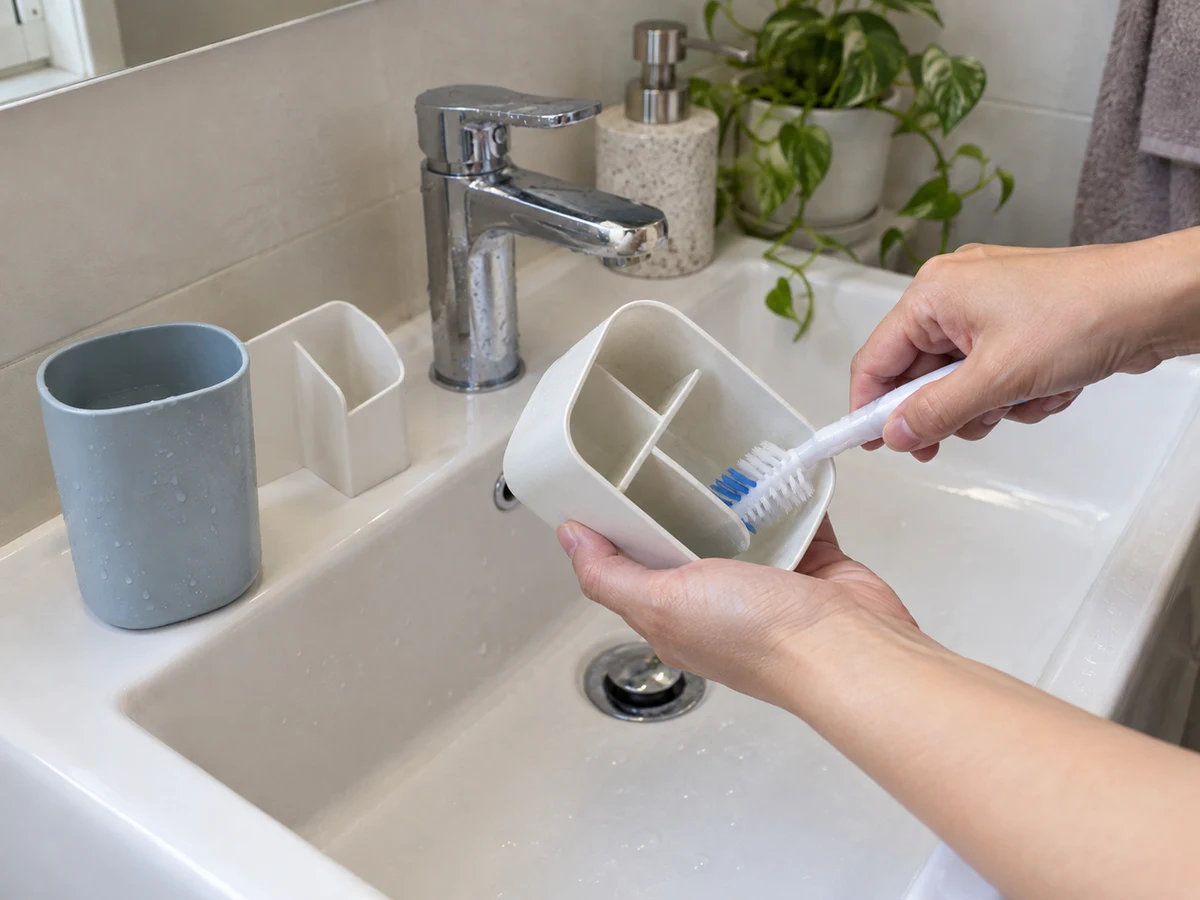 Paano Linisin ang Lalagyan ng Sipilyo at Basong Pangmumog: Sipilyuhin ang namuong toothpaste