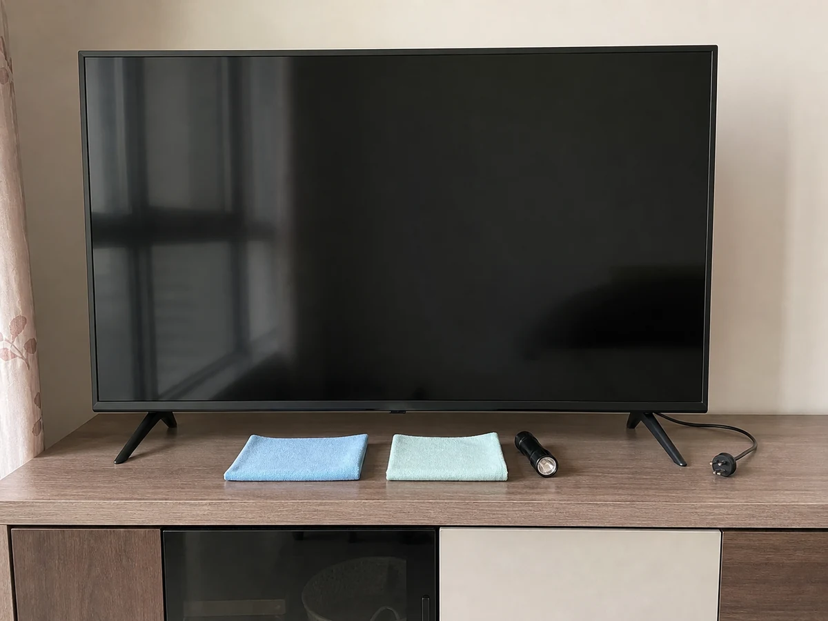 Model manual, Clean microfibre cloth reserved for screens, Second dry lint-free cloth, Torch for angled inspection only, Stable dry work area arranged beside the powered-off appliance