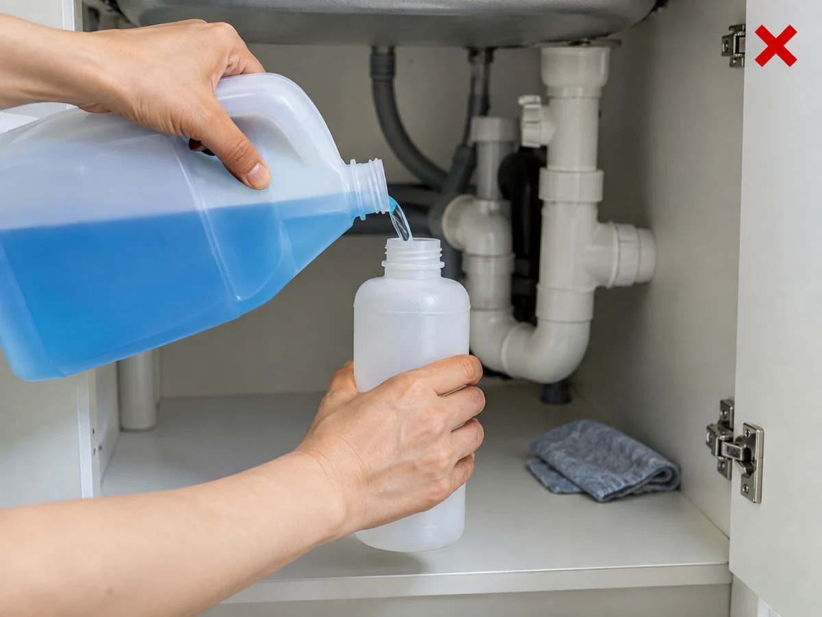 Nagde-decant ng chemical sa walang label na lalagyan — Iwan ang chemicals sa original labelled containers at hiwalay.