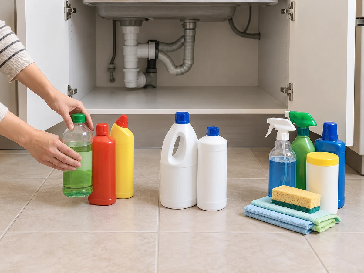 Paano Linisin ang Under-sink Cabinet at Suriin ang Tagas: Alisin ang gamit na nasa original labelled containers at ihiwalay ang acids, bleach, at ibang produkto