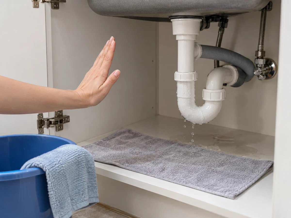 Paano Linisin ang Under-sink Cabinet at Suriin ang Tagas: Kapag may active leak, itigil ang wet cleaning, huwag ikutin ang fittings, at i-report agad