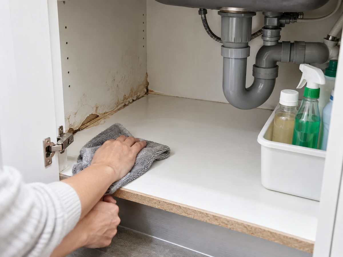 Paano Linisin ang Under-sink Cabinet at Suriin ang Tagas: Patuyuin ang cabinet nang lubos, itala ang namamagang board o water marks, at ibalik lang ang original products kapag tuyo at hiwalay ang area