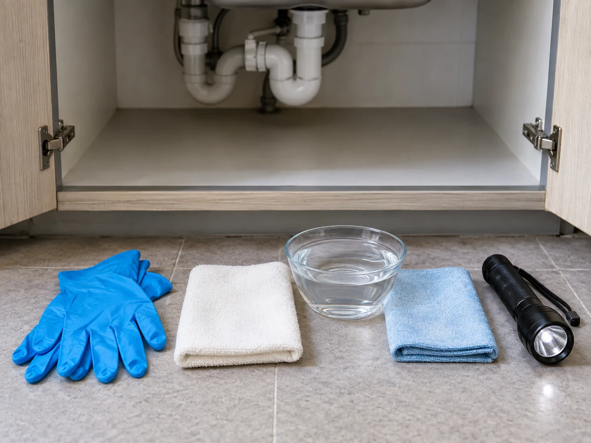 Paano Linisin ang Under-sink Cabinet at Suriin ang Tagas — Nitrile gloves, Tuyong tela, Malinis na tubig at bahagyang mamasa-masang tela, Flashlight