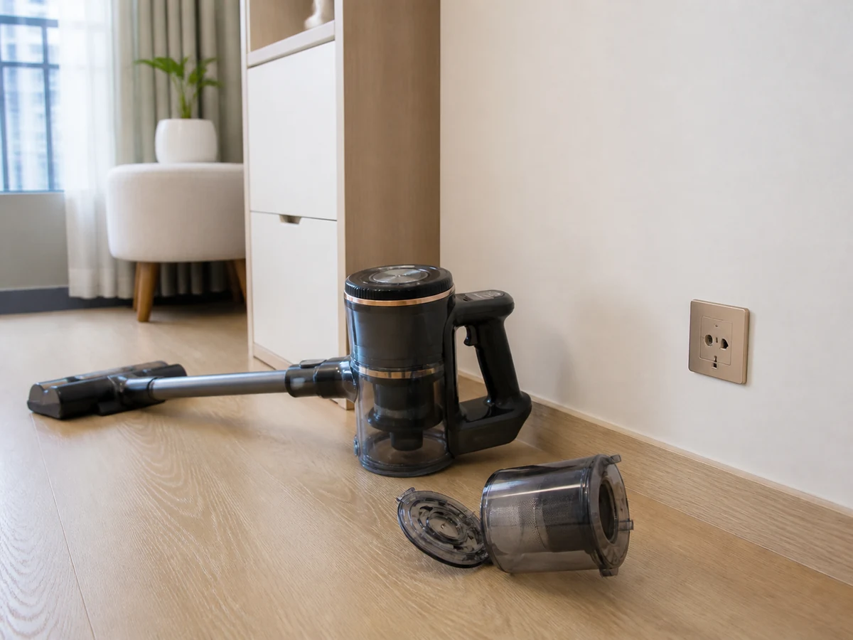 Removing the bin with power connected — Switch off and unplug or disconnect the charger first.
