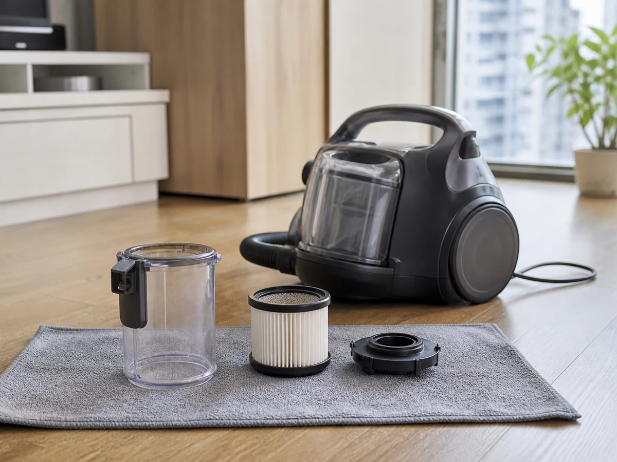 Refitting damp bin or filter parts — Wait until every washable part is fully dry.