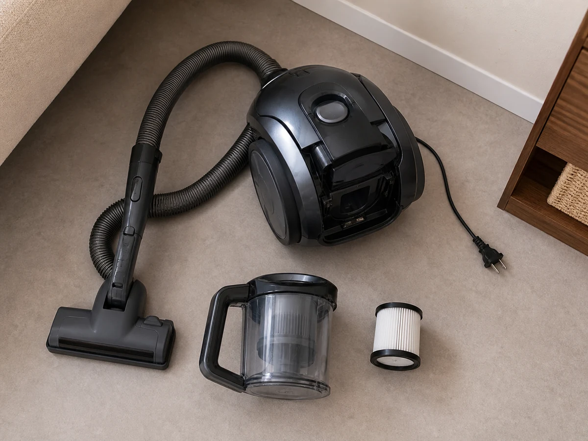 Model manual, Rubbish bag or lidded bin, Clean soft brush, Water only for approved washable parts, Dry soft cloth and towel arranged beside the powered-off appliance