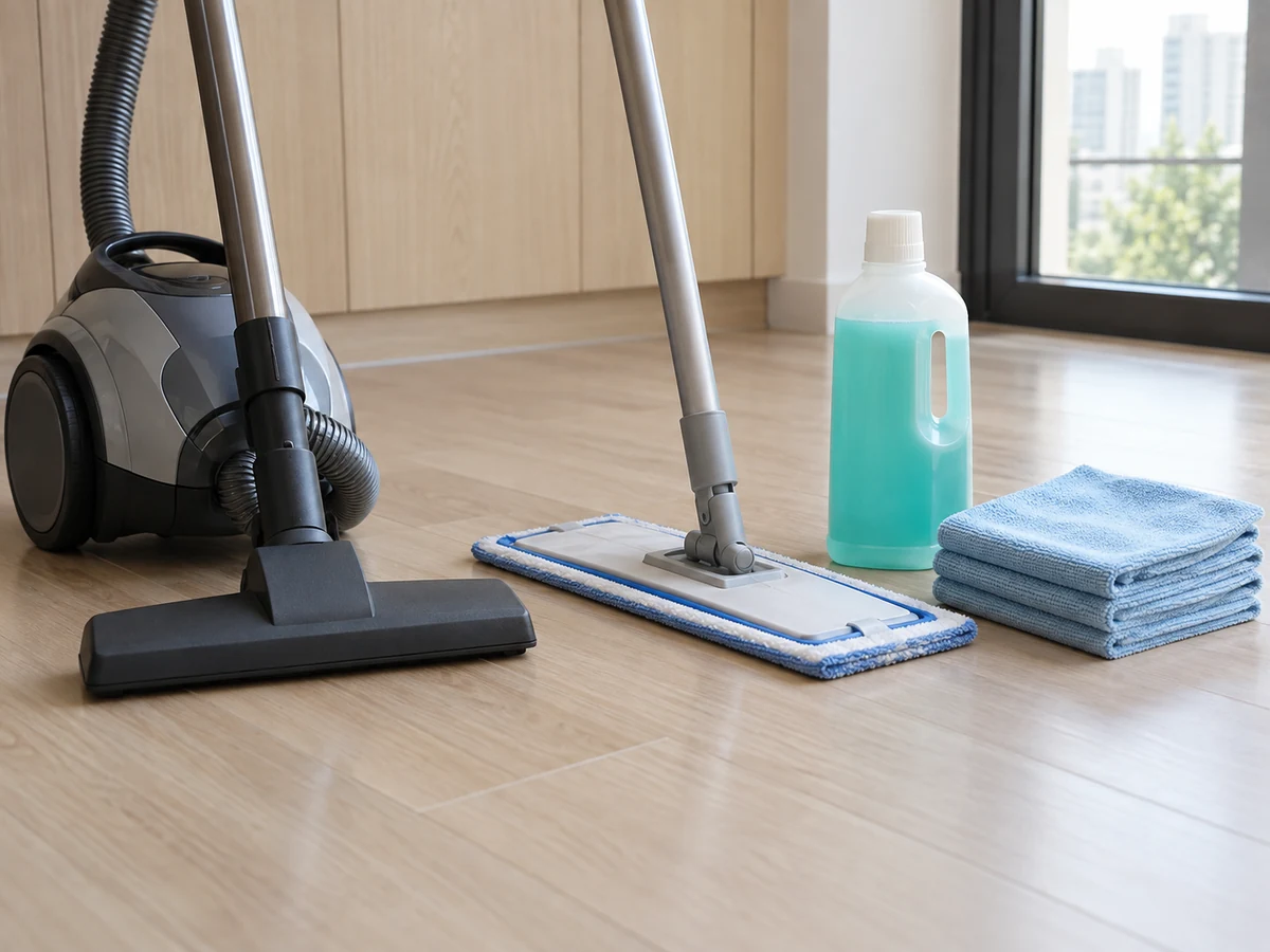 Vacuum na walang beater bar, halos tuyong flat mop, aprubadong resilient-floor cleaner, at tuyong microfibre cloth