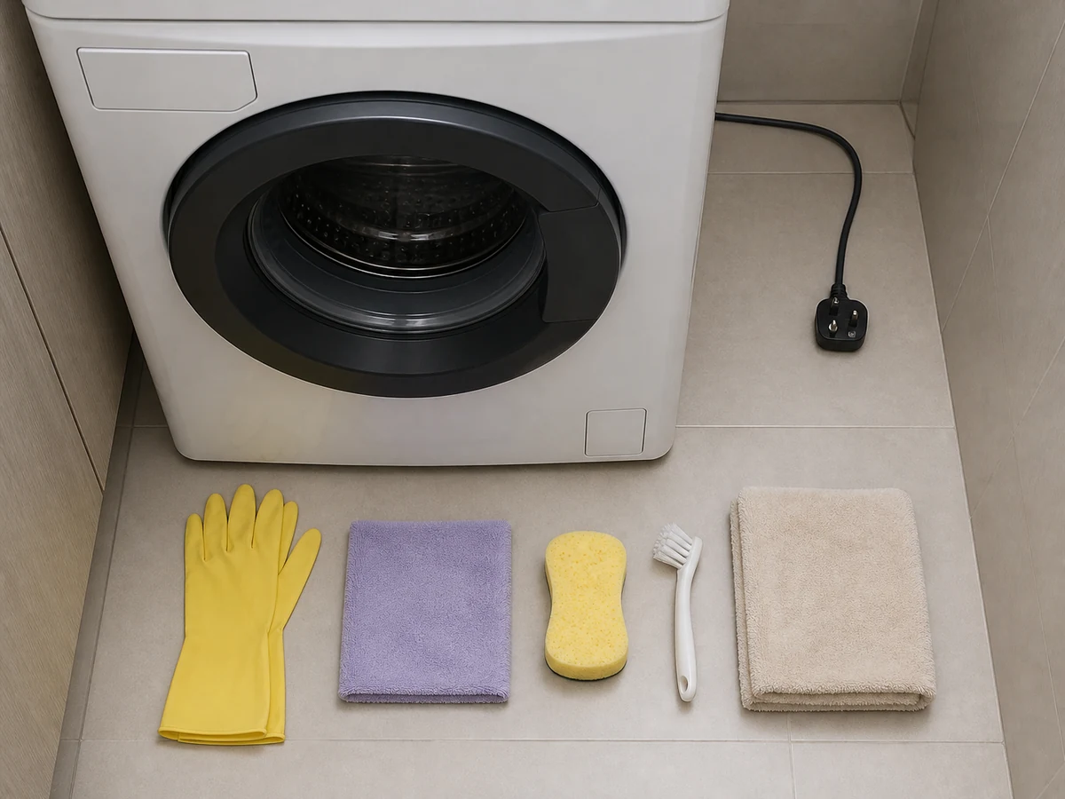 Model manual, Household gloves, Clean soft cloth or sponge, Small soft brush, Manual-specified cleaner and dry towel arranged beside the powered-off appliance