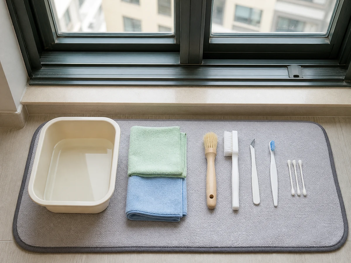 Neatly arranged safe household tools for how to clean window frames and tracks