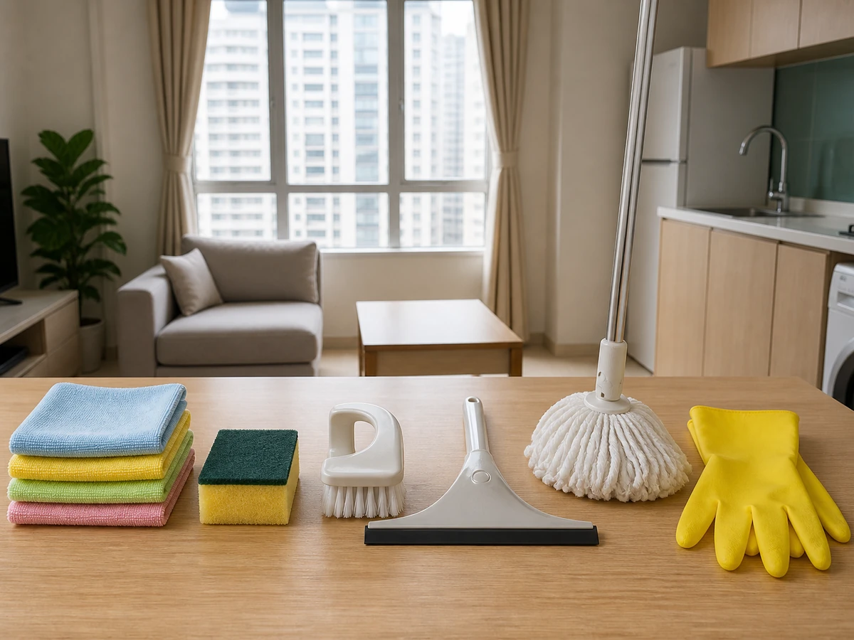 Microfibre cloths, sponge, soft brush, squeegee, mop and gloves neatly separated