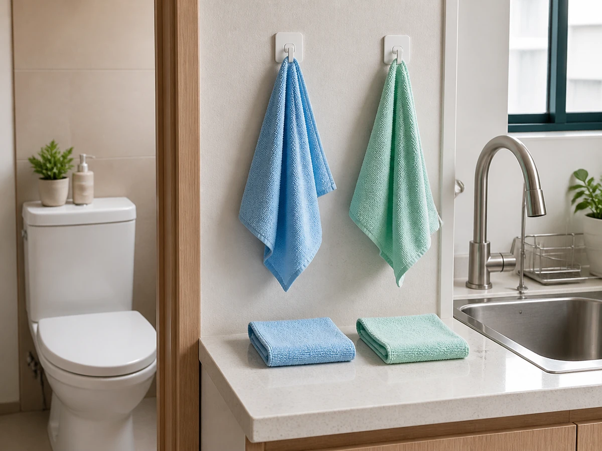 Sharing one cloth between toilet and kitchen. — Separate and mark tools by area.