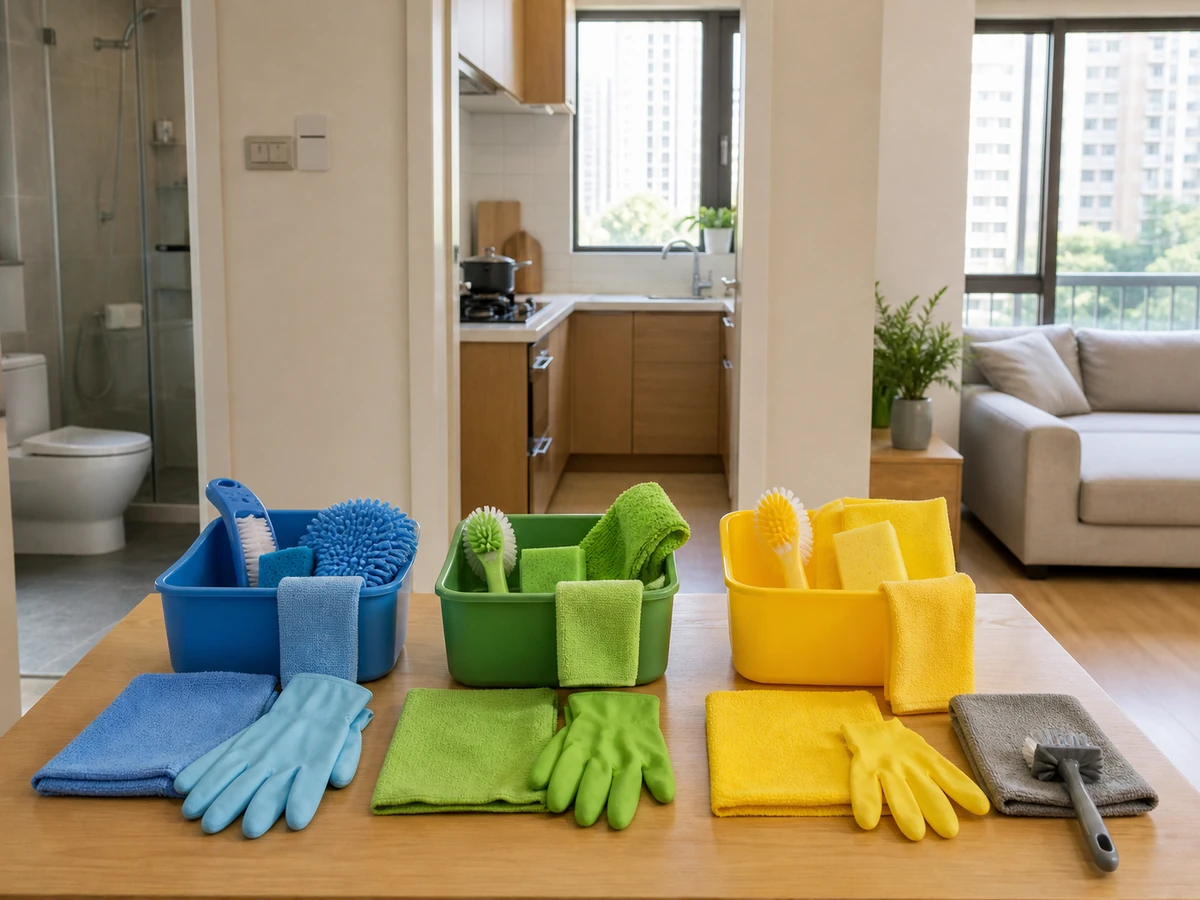 Common household cleaning tools separated and colour-coded by assigned area