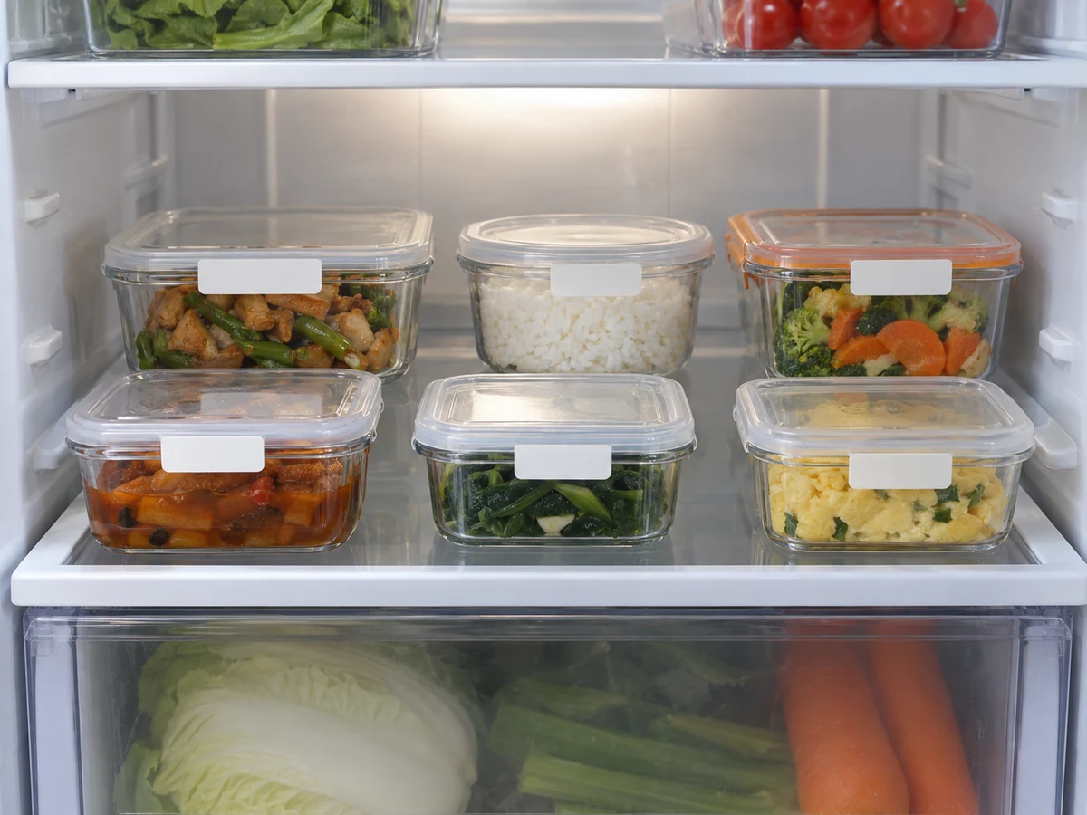 Small portions of leftovers in shallow lidded containers with date labels