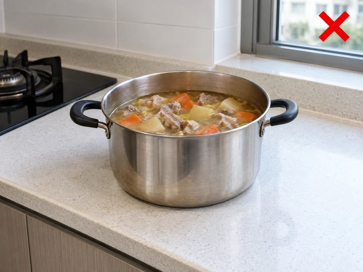 Leaving the whole pot out — Divide it into shallow portions and cool promptly.